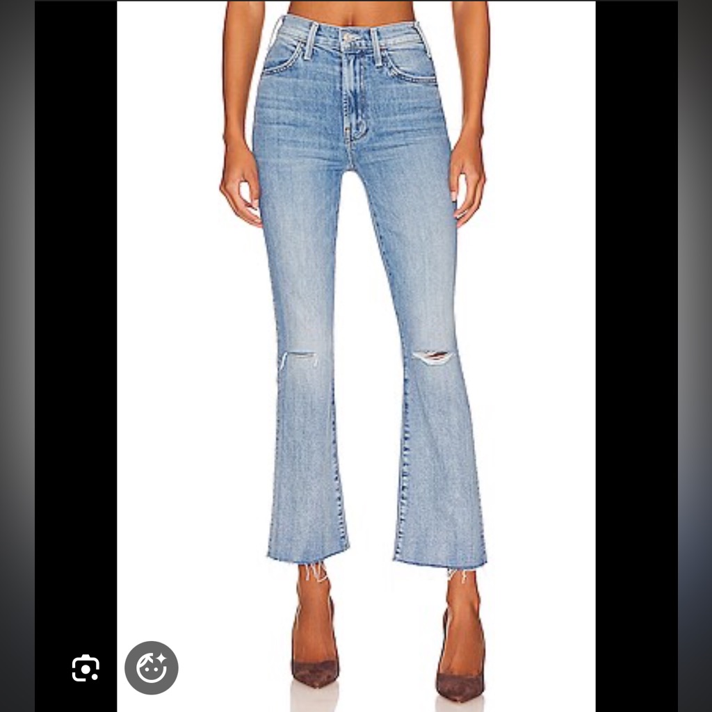 Mother Light Blue Flare Jeans With Knee Rips